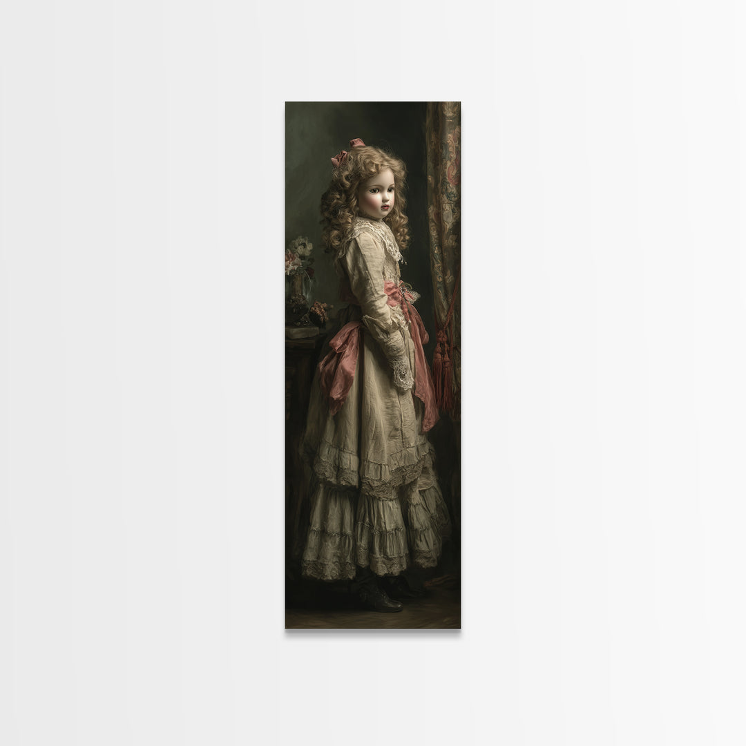 The Haunted Porcelain Doll, Antique Gothic Portrait, Tall Narrow Wall Art, Framed Canvas Print, Gothic Wall Decor, Halloween Portrait Art