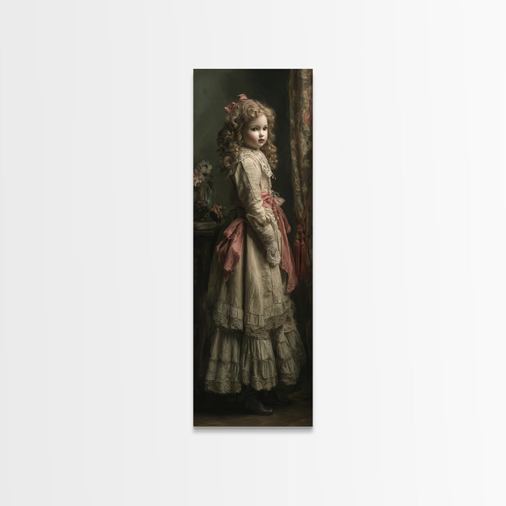 The Haunted Porcelain Doll, Antique Gothic Portrait, Tall Narrow Wall Art, Framed Canvas Print, Gothic Wall Decor, Halloween Portrait Art