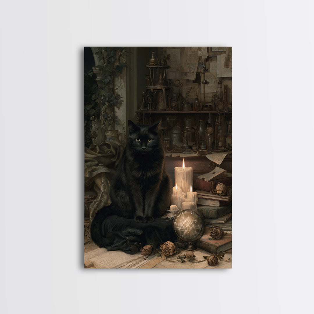 The Black Cat Familiar, Antique Gothic Portrait, Vertical Wall Art, Framed Canvas Print, Gothic Wall Decor, Halloween Portrait Art