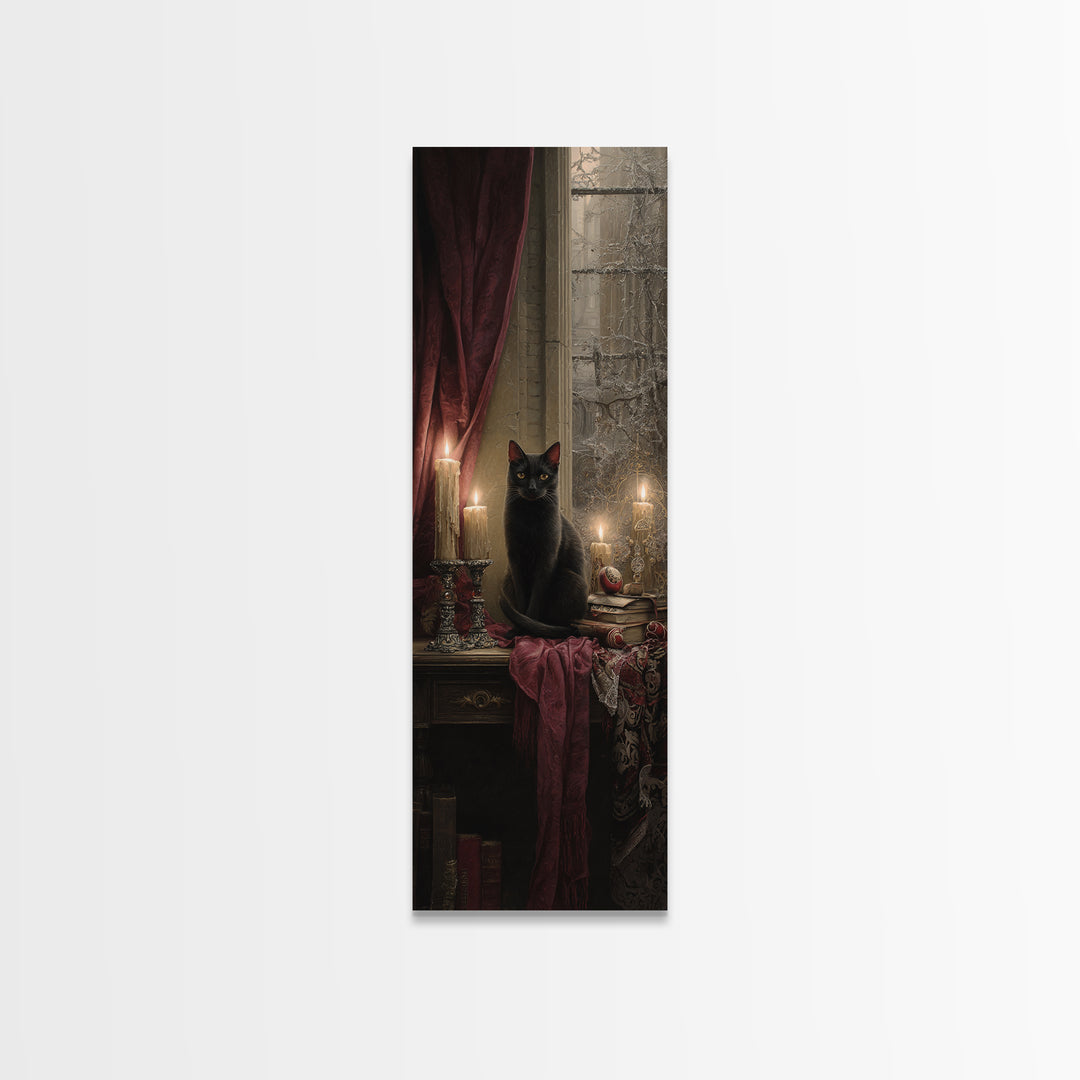The Black Cat Familiar, Macabre Victorian Decor, Tall Narrow Wall Art, Canvas Print, Gothic Wall Decor, Halloween Portrait Art
