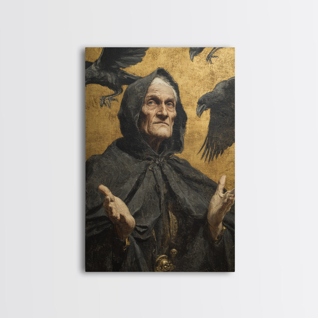 The Raven Keeper, Antique Gothic Portrait, Vertical Wall Art, Framed Canvas Print, Gothic Wall Decor, Halloween Portrait Art