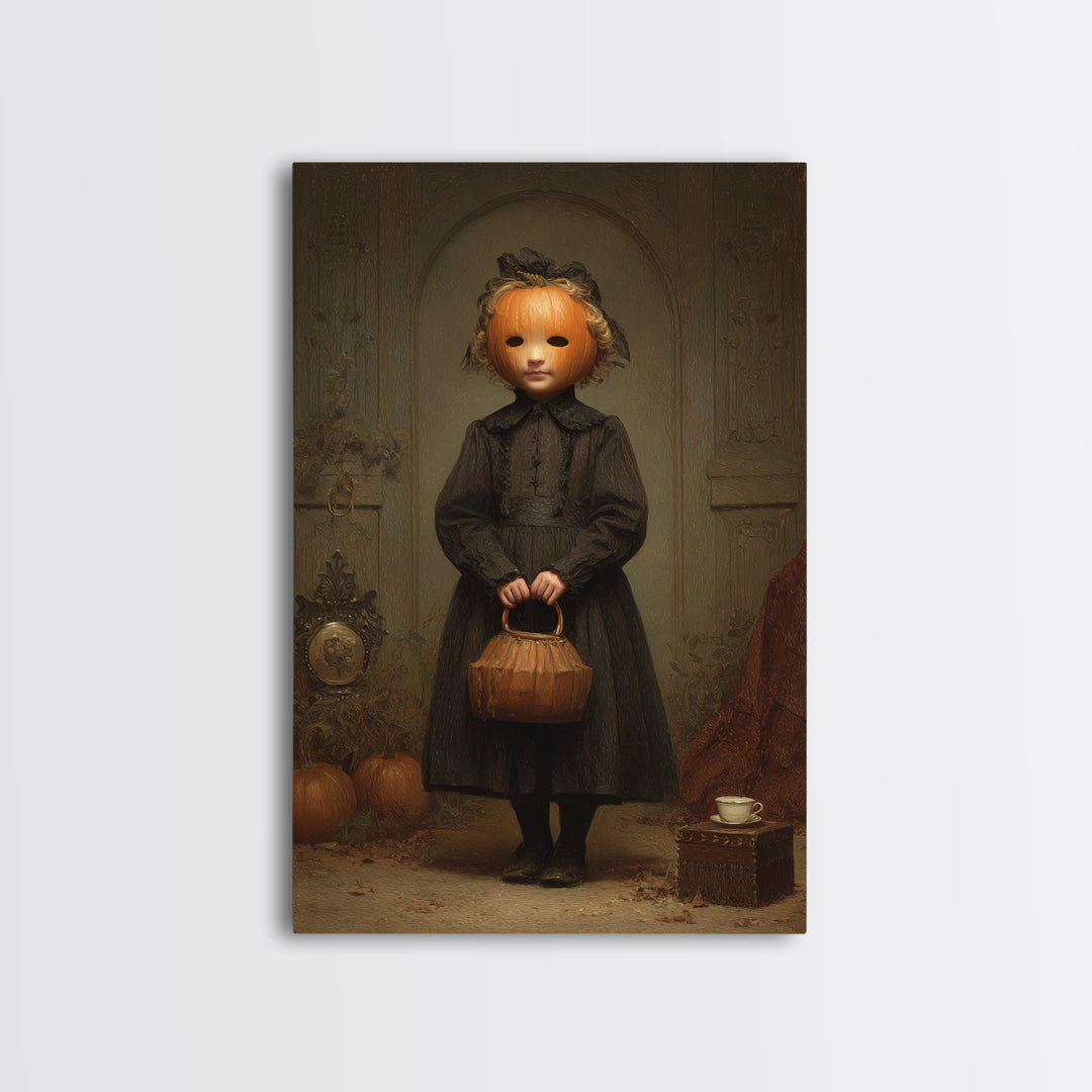 The Pumpkin-Headed Child, Dark Academia Wall Art, Vertical Wall Art, Canvas Print, Gothic Wall Decor, Halloween Portrait Art