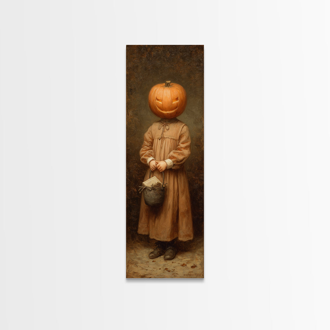 The Pumpkin-Headed Child, Victorian Gothic Art, Tall Narrow Wall Art, Framed Canvas Print, Gothic Wall Decor, Halloween Portrait Art
