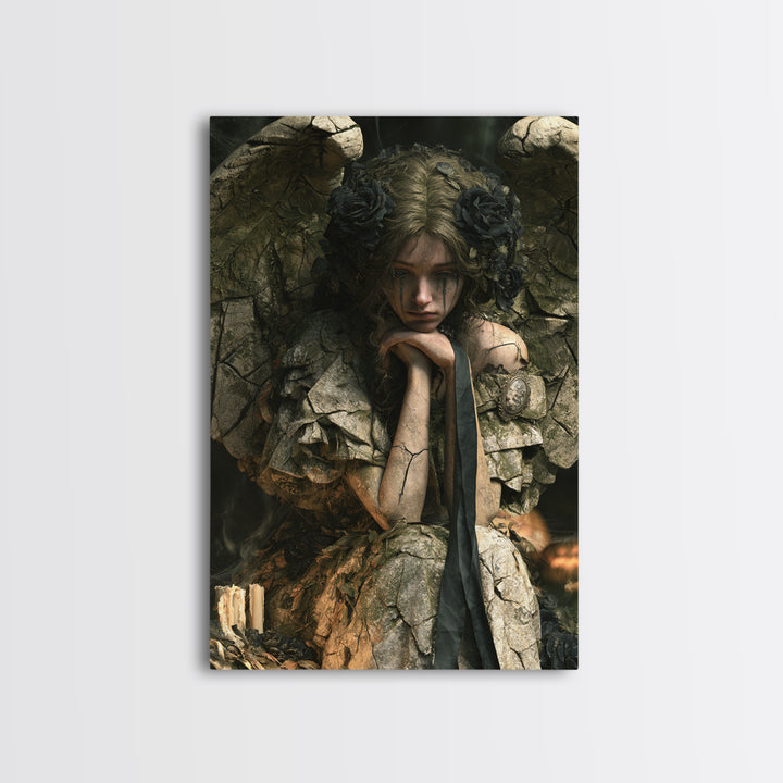 The Weeping Cemetery Angel, Macabre Victorian Decor, Vertical Wall Art, Canvas Print, Gothic Wall Decor, Halloween Portrait Art