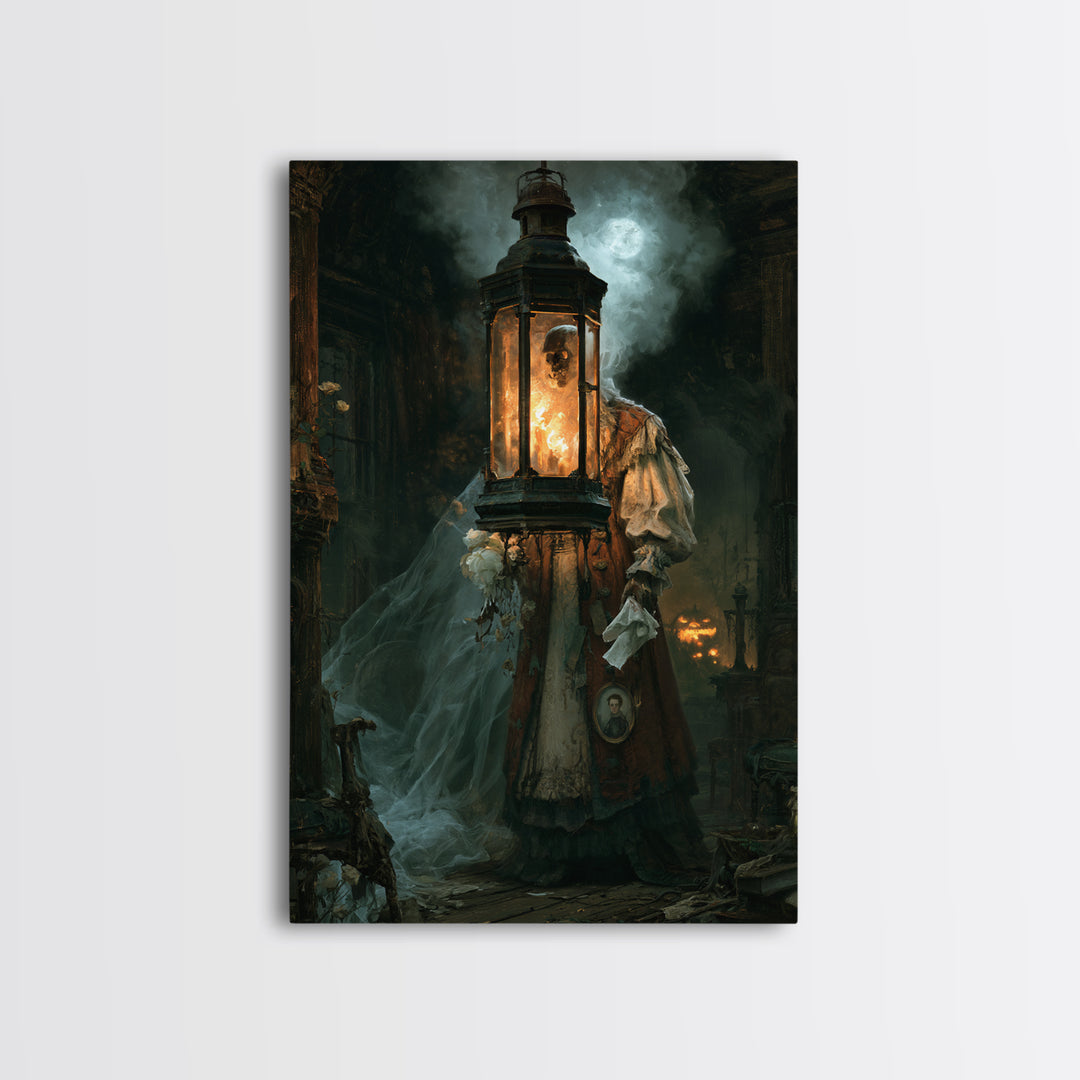 The Lantern Specter, Victorian Horror Portrait, Vertical Wall Art, Canvas Print, Gothic Wall Decor, Halloween Portrait Art, Dark Fantasy Art