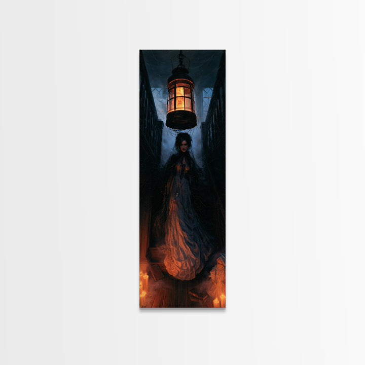 The Lantern Specter, Dark Academia Wall Art, Tall Narrow Wall Art, Framed Canvas Print, Gothic Wall Decor, Halloween Portrait Art