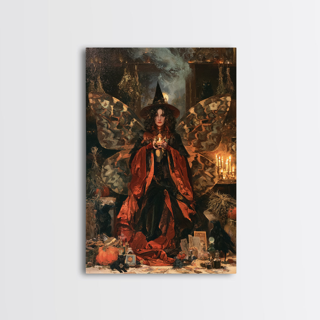 The Velvet Moth Witch, Macabre Victorian Decor, Vertical Wall Art, Framed Canvas Print, Gothic Wall Decor, Halloween Portrait Art