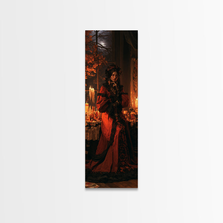 The Velvet Moth Witch, Victorian Horror Portrait, Tall Narrow Wall Art, Canvas Print, Gothic Wall Decor, Halloween Portrait Art