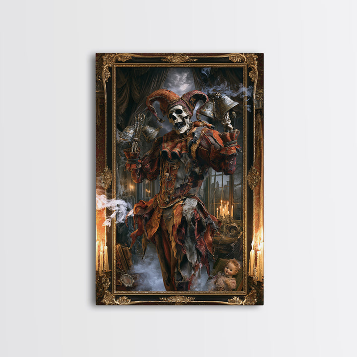 The Phantom Jester, Victorian Gothic Art, Vertical Wall Art, Framed Canvas Print, Gothic Wall Decor, Halloween Portrait Art