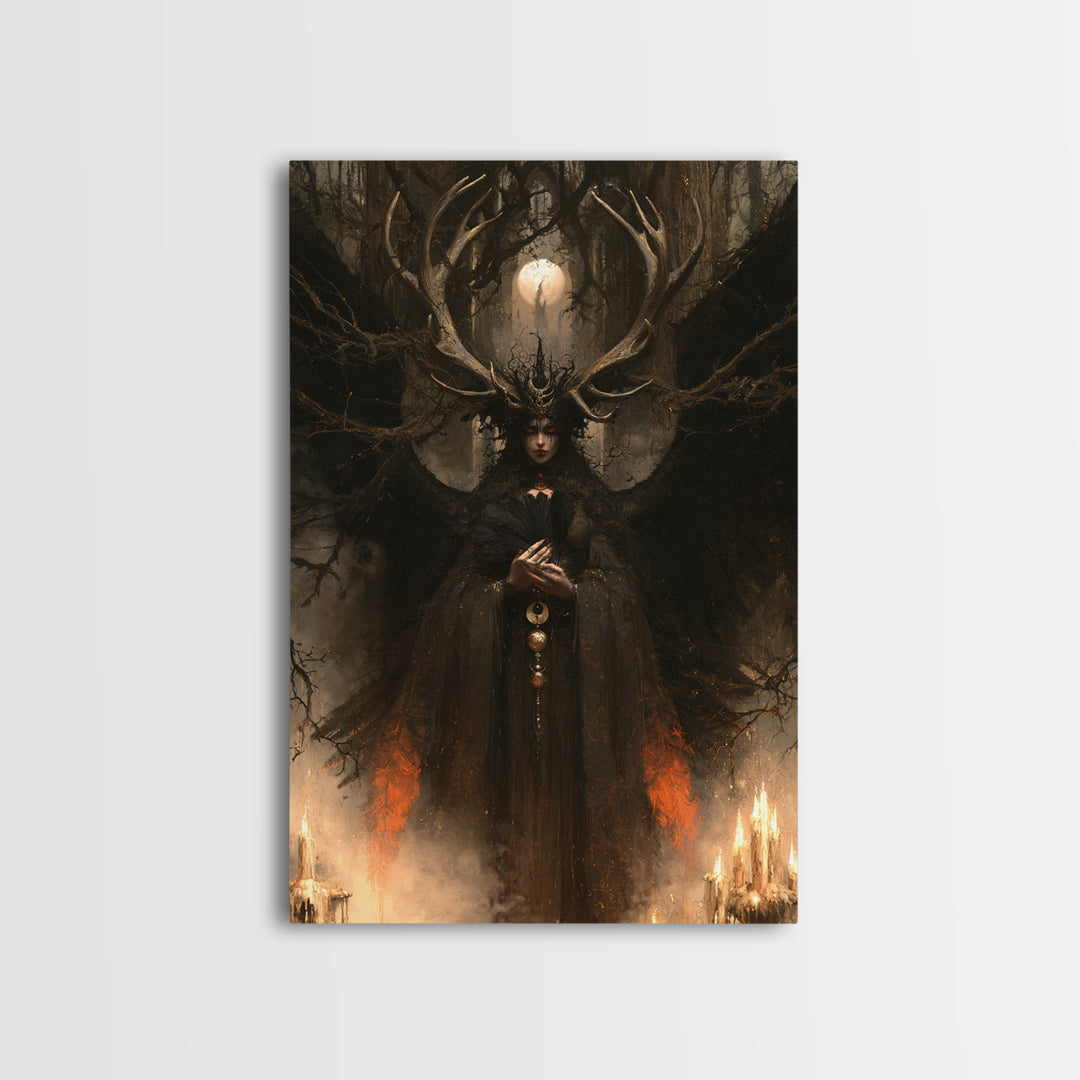 The Antlered Forest Spirit, Macabre Victorian Decor, Vertical Wall Art, Framed Canvas Print, Gothic Wall Decor, Halloween Portrait Art