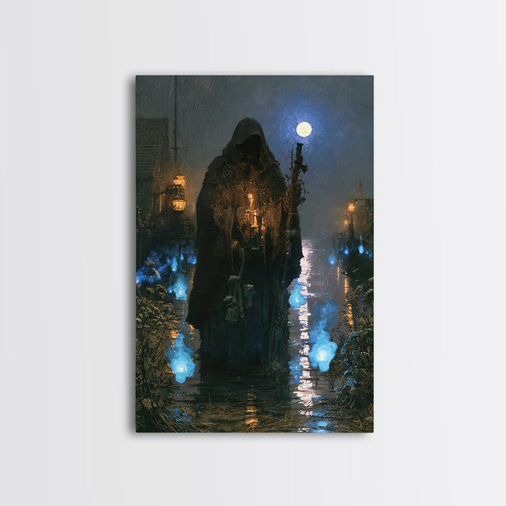 The Will-O'-The-Wisp Shepherd, Victorian Horror Portrait, Vertical Wall Art, Framed Canvas Print, Gothic Wall Decor, Halloween Portrait Art