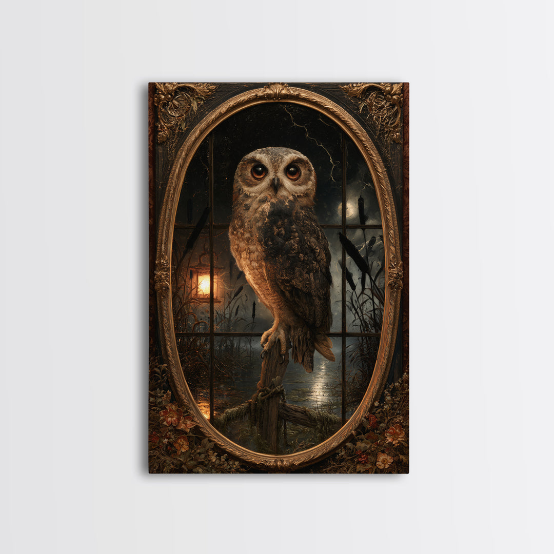 The Owl-Faced Omen, Macabre Victorian Decor, Vertical Wall Art, Canvas Print, Gothic Wall Decor, Halloween Portrait Art, Dark Fantasy Art
