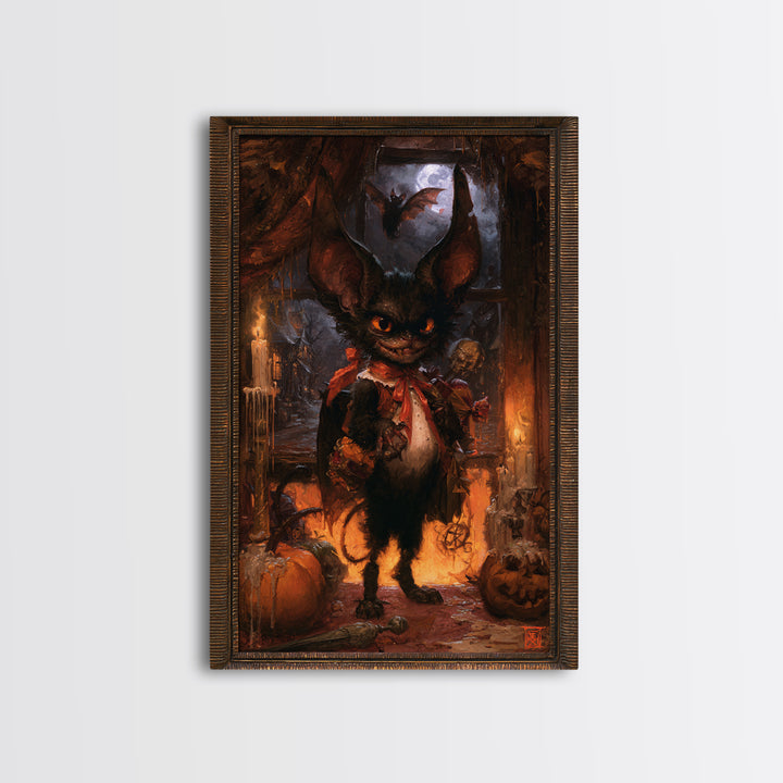 The Bat-Winged Imp, Dark Academia Wall Art, Vertical Wall Art, Framed Canvas Print, Gothic Wall Decor, Halloween Portrait Art