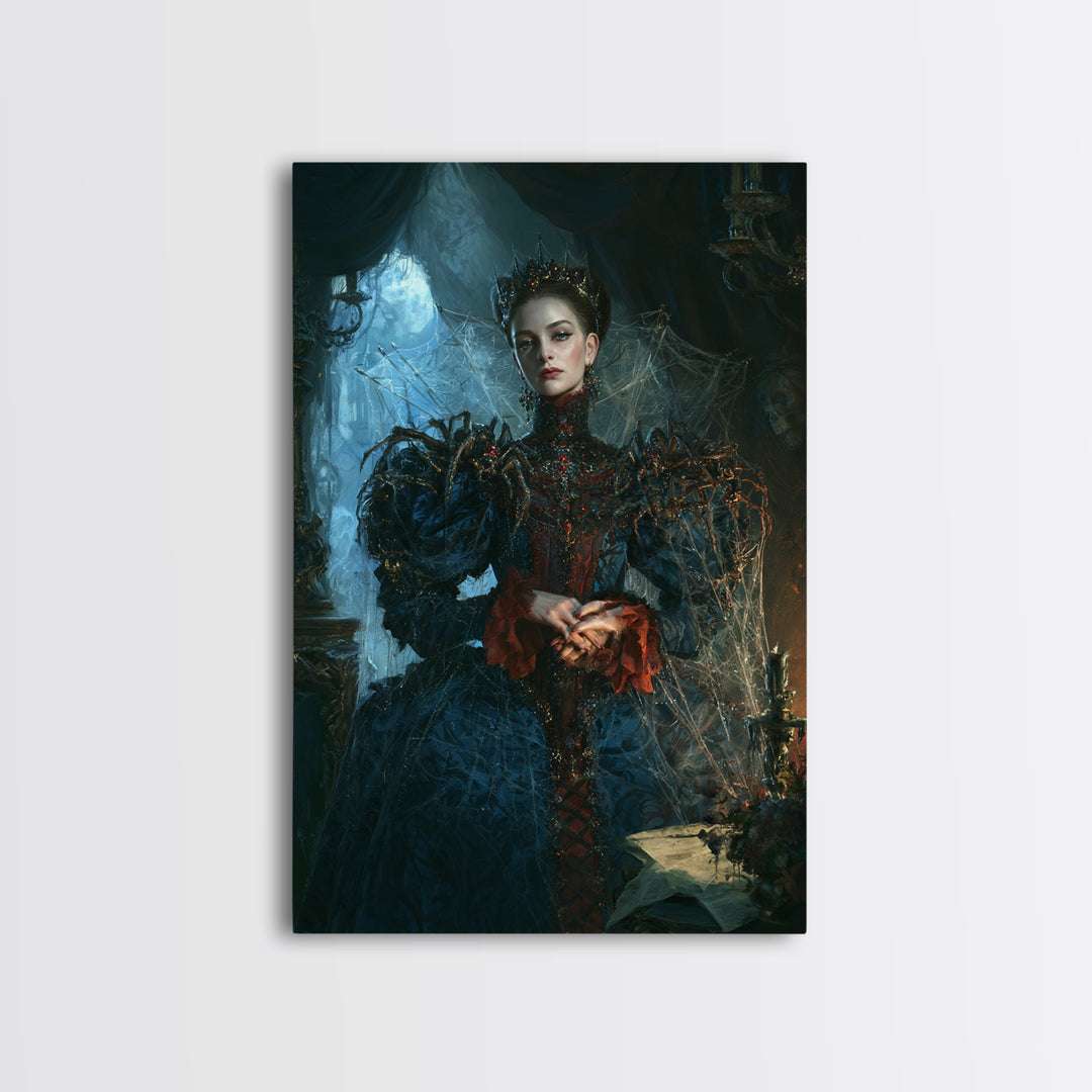 The Spider Queen, Antique Gothic Portrait, Vertical Wall Art, Framed Canvas Print, Gothic Wall Decor, Halloween Portrait Art