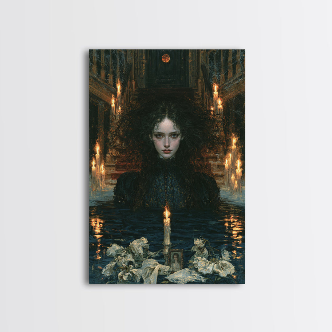 The Lake Phantom, Antique Gothic Portrait, Vertical Wall Art, Framed Canvas Print, Gothic Wall Decor, Halloween Portrait Art