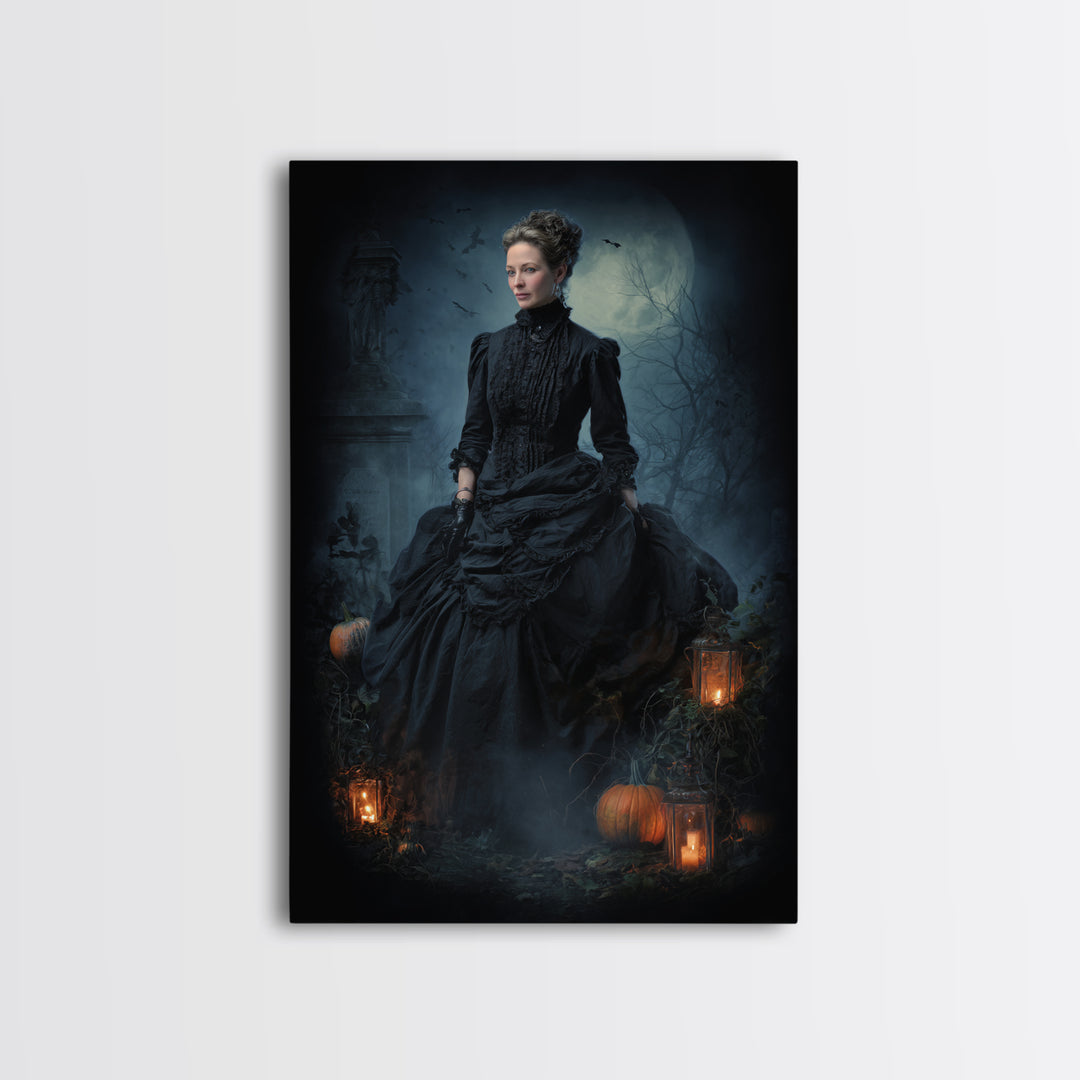 The Moonlit Cemetery, Victorian Gothic Art, Vertical Wall Art, Framed Canvas Print, Gothic Wall Decor, Halloween Portrait Art
