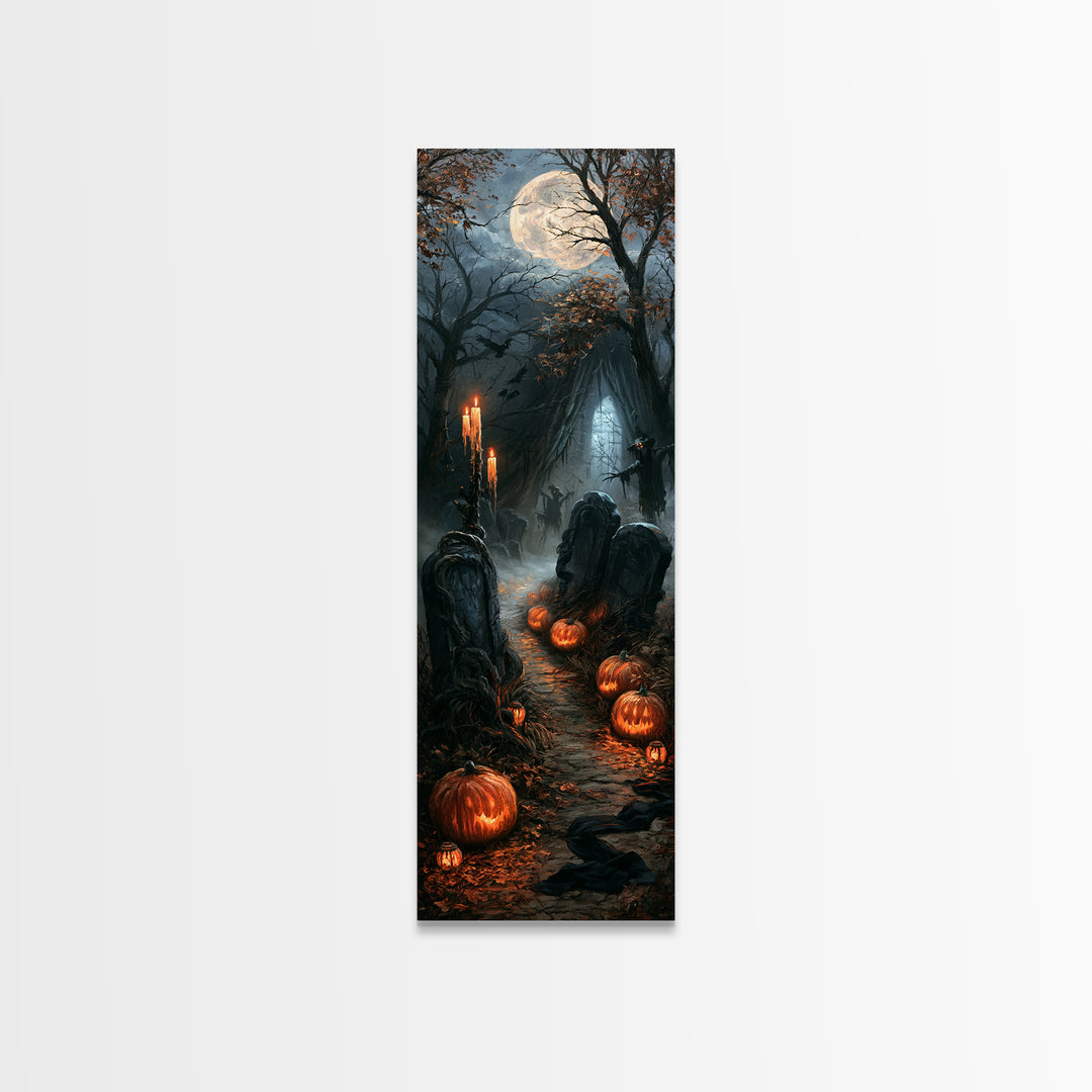 The Moonlit Cemetery, Victorian Gothic Art, Tall Narrow Wall Art, Canvas Print, Gothic Wall Decor, Halloween Portrait Art, Gothic Home Decor