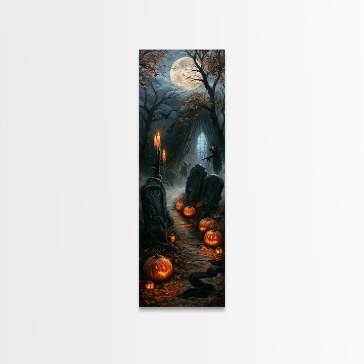 The Moonlit Cemetery, Victorian Gothic Art, Tall Narrow Wall Art, Canvas Print, Gothic Wall Decor, Halloween Portrait Art, Gothic Home Decor