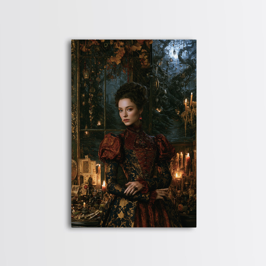 The Witch'S Forest, Antique Gothic Portrait, Vertical Wall Art, Framed Canvas Print, Gothic Wall Decor, Halloween Portrait Art