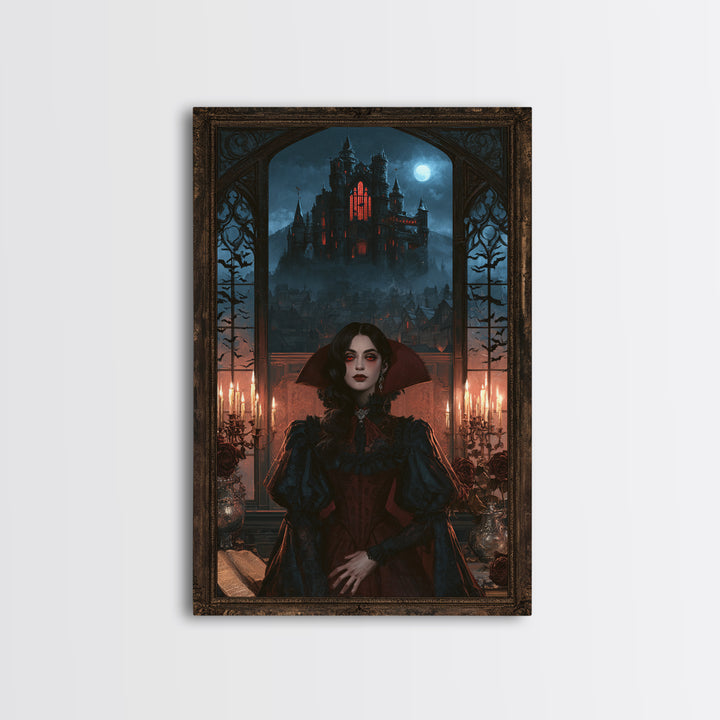 The Vampire Castle, Victorian Horror Portrait, Vertical Wall Art, Framed Canvas Print, Gothic Wall Decor, Halloween Portrait Art