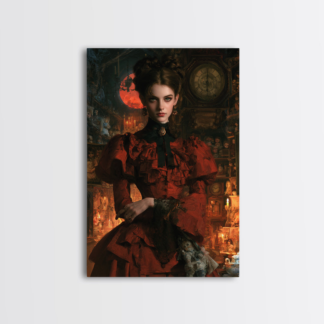 The Midnight Antique Shop, Dark Academia Wall Art, Vertical Wall Art, Framed Canvas Print, Gothic Wall Decor, Halloween Portrait Art