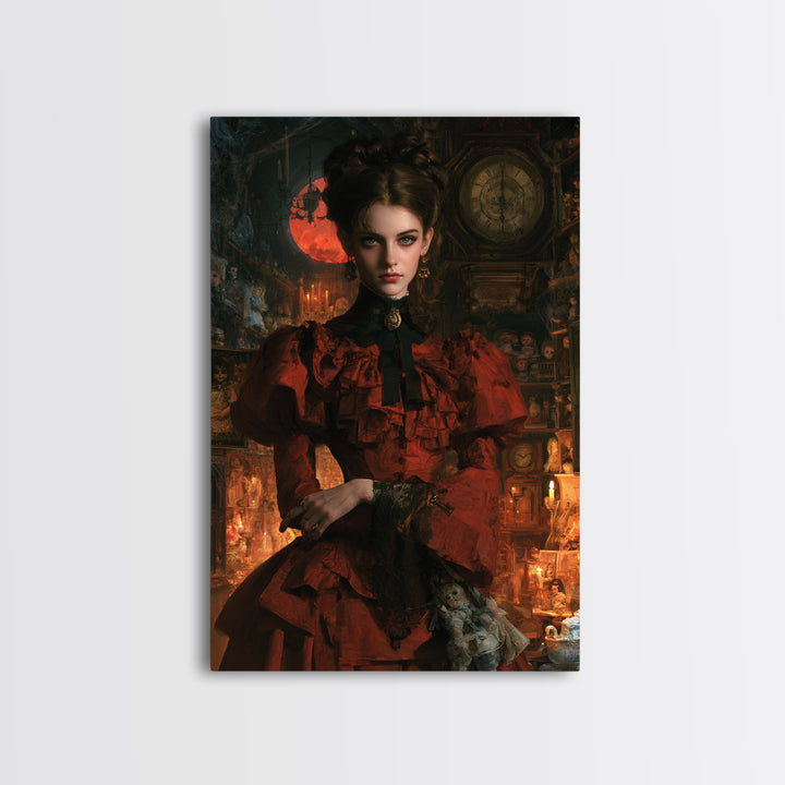 The Midnight Antique Shop, Dark Academia Wall Art, Vertical Wall Art, Framed Canvas Print, Gothic Wall Decor, Halloween Portrait Art