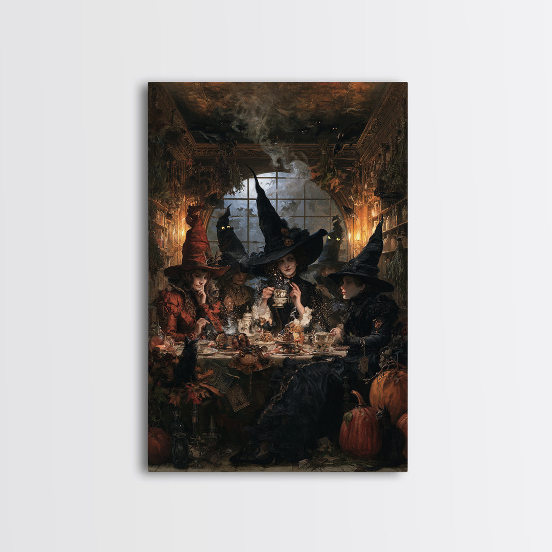 The Witches' Tea Party, Antique Gothic Portrait, Vertical Wall Art, Canvas Print, Gothic Wall Decor, Halloween Portrait Art