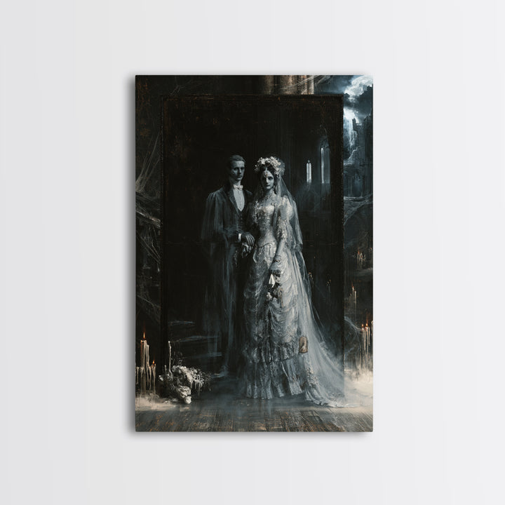 The Ghost Wedding, Victorian Horror Portrait, Vertical Wall Art, Framed Canvas Print, Gothic Wall Decor, Halloween Portrait Art