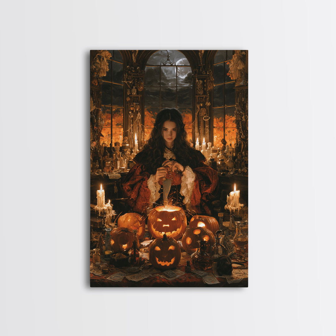 The Pumpkin-Carving Ritual, Victorian Gothic Art, Vertical Wall Art, Canvas Print, Gothic Wall Decor, Halloween Portrait Art