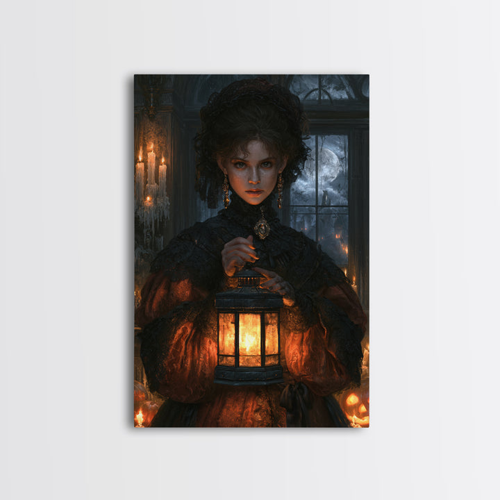 The Cemetery Lantern Festival, Antique Gothic Portrait, Vertical Wall Art, Canvas Print, Gothic Wall Decor, Halloween Portrait Art