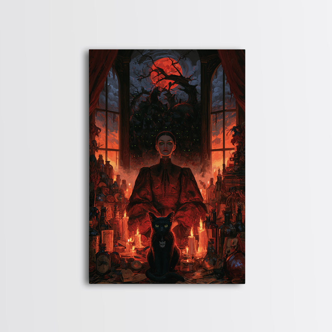 The Black Cat Gathering, Macabre Victorian Decor, Vertical Wall Art, Framed Canvas Print, Gothic Wall Decor, Halloween Portrait Art