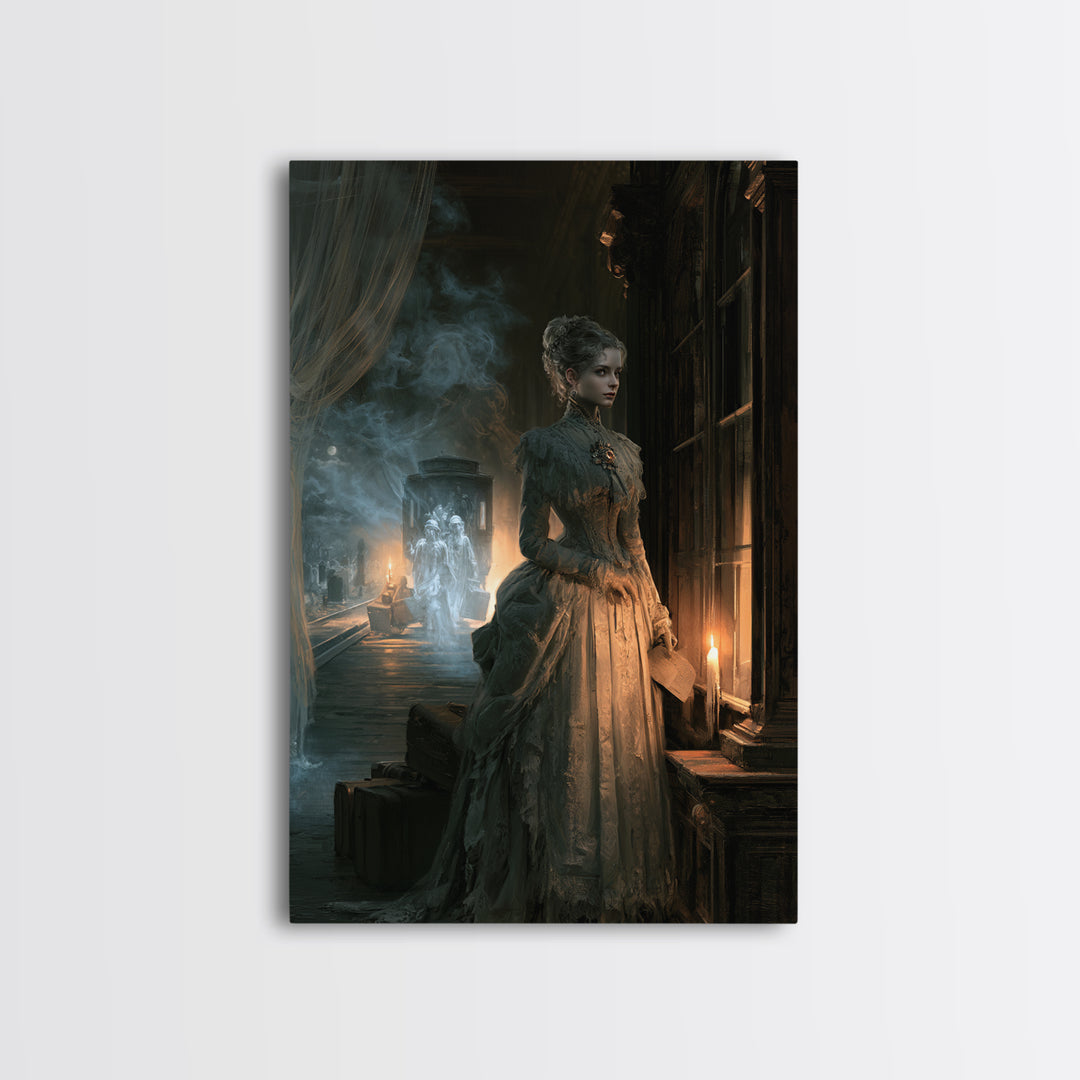 The Ghost Train Arrival, Antique Gothic Portrait, Vertical Wall Art, Framed Canvas Print, Gothic Wall Decor, Halloween Portrait Art