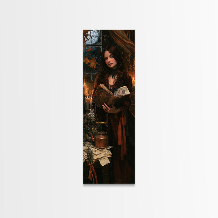 The Living Spellbook, Antique Gothic Portrait, Tall Narrow Wall Art, Canvas Print, Gothic Wall Decor, Halloween Portrait Art