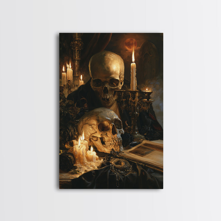 The Talking Skull, Dark Academia Wall Art, Vertical Wall Art, Framed Canvas Print, Gothic Wall Decor, Halloween Portrait Art