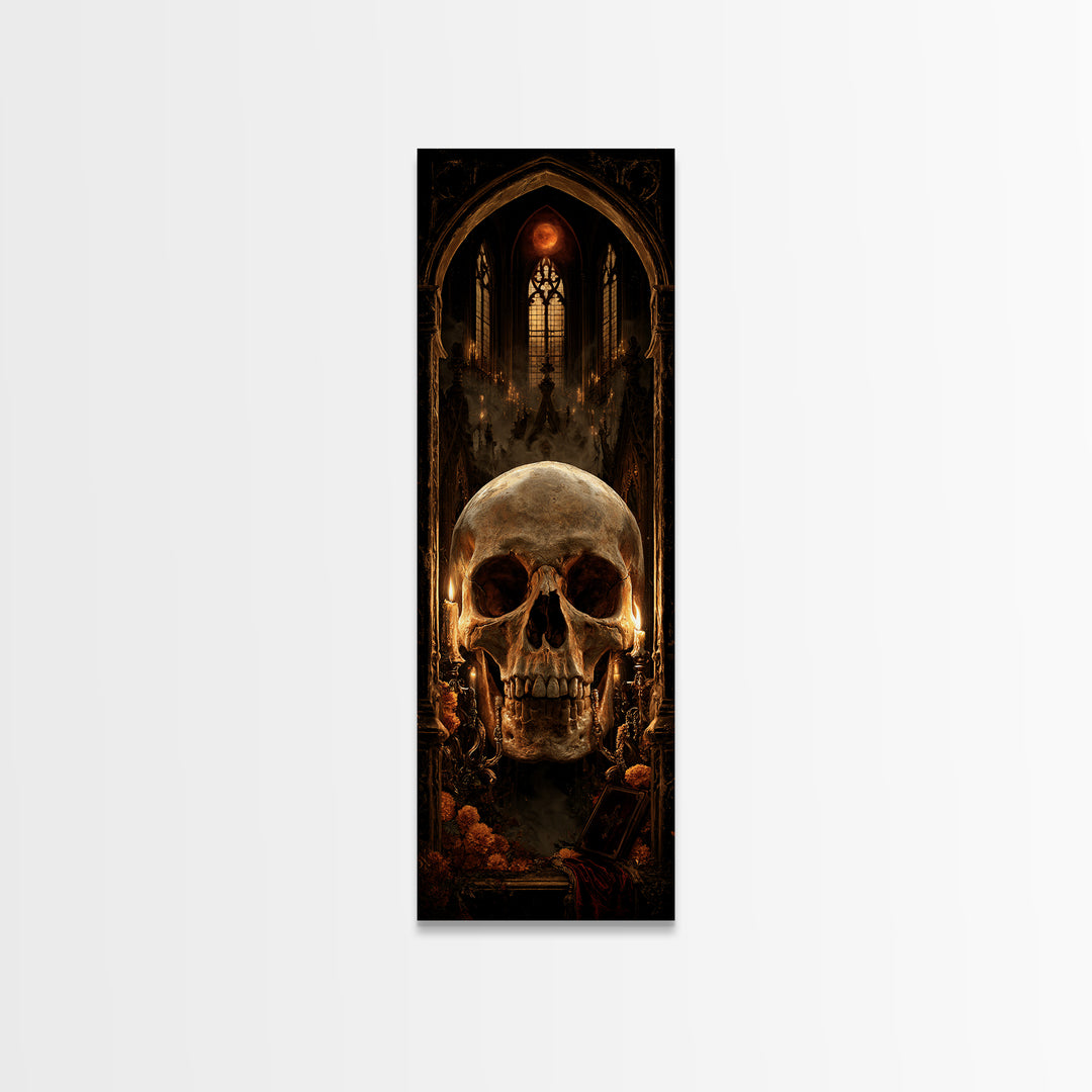 The Talking Skull, Dark Academia Wall Art, Tall Narrow Wall Art, Framed Canvas Print, Gothic Wall Decor, Halloween Portrait Art