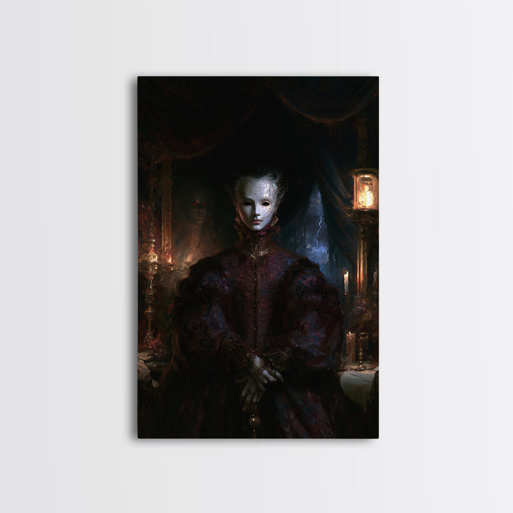 The Cracked Porcelain Mask, Antique Gothic Portrait, Vertical Wall Art, Framed Canvas Print, Gothic Wall Decor, Halloween Portrait Art