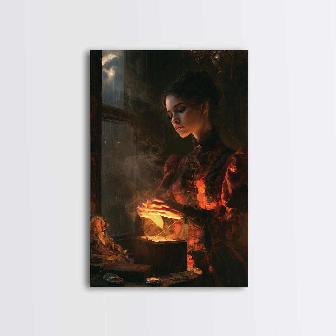 The Haunted Music Box, Victorian Horror Portrait, Vertical Wall Art, Framed Canvas Print, Gothic Wall Decor, Halloween Portrait Art