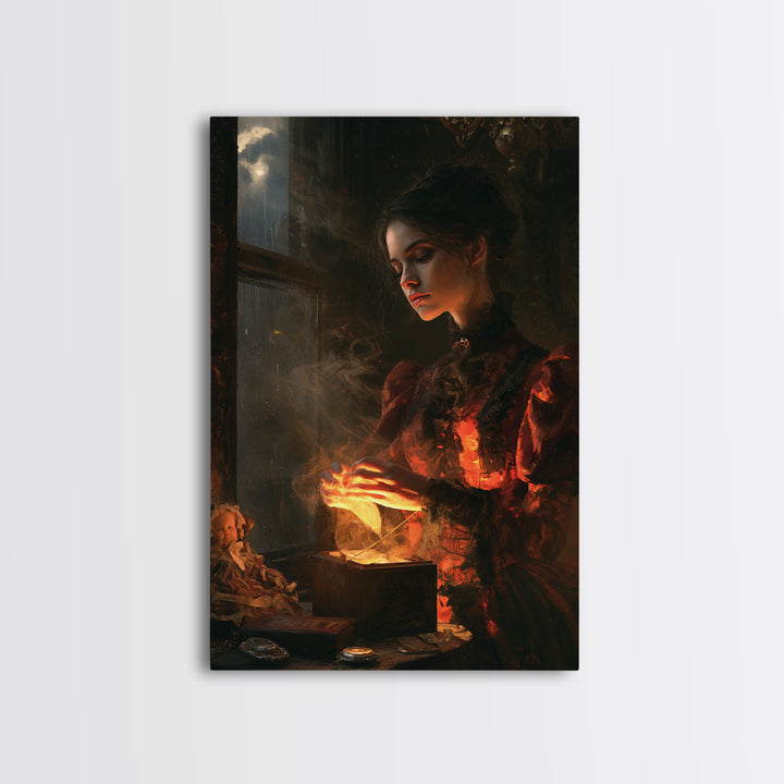 The Haunted Music Box, Victorian Horror Portrait, Vertical Wall Art, Framed Canvas Print, Gothic Wall Decor, Halloween Portrait Art