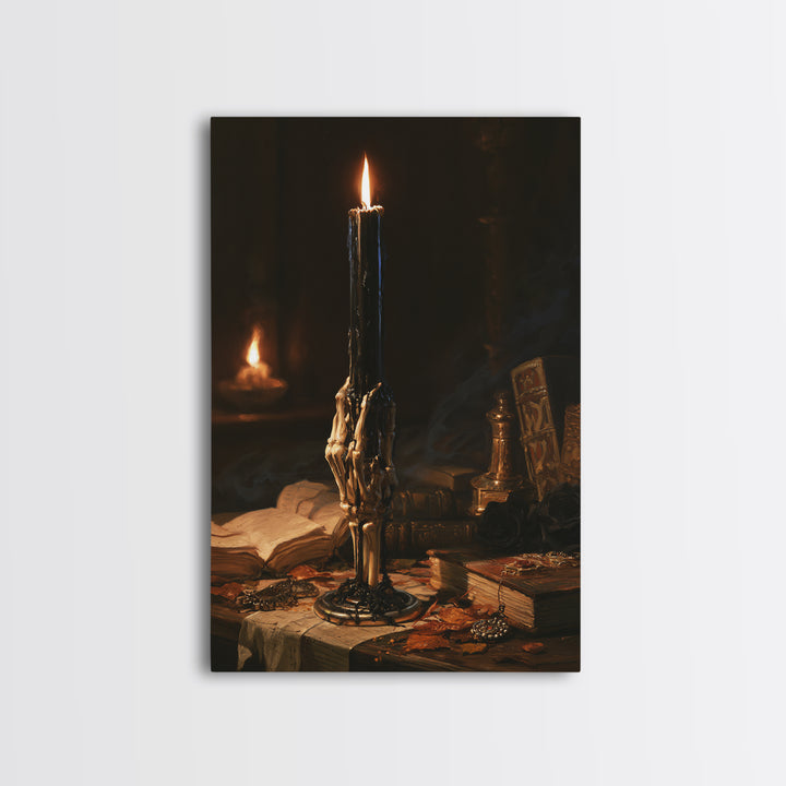 The Skeletal Hand Candleholder, Victorian Horror Portrait, Vertical Wall Art, Canvas Print, Gothic Wall Decor, Halloween Portrait Art