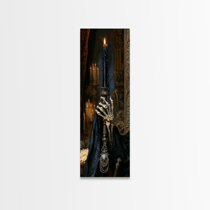 The Skeletal Hand Candleholder, Victorian Horror Portrait, Tall Narrow Wall Art, Framed Canvas Print, Gothic Wall Decor, Macabre Wall Art