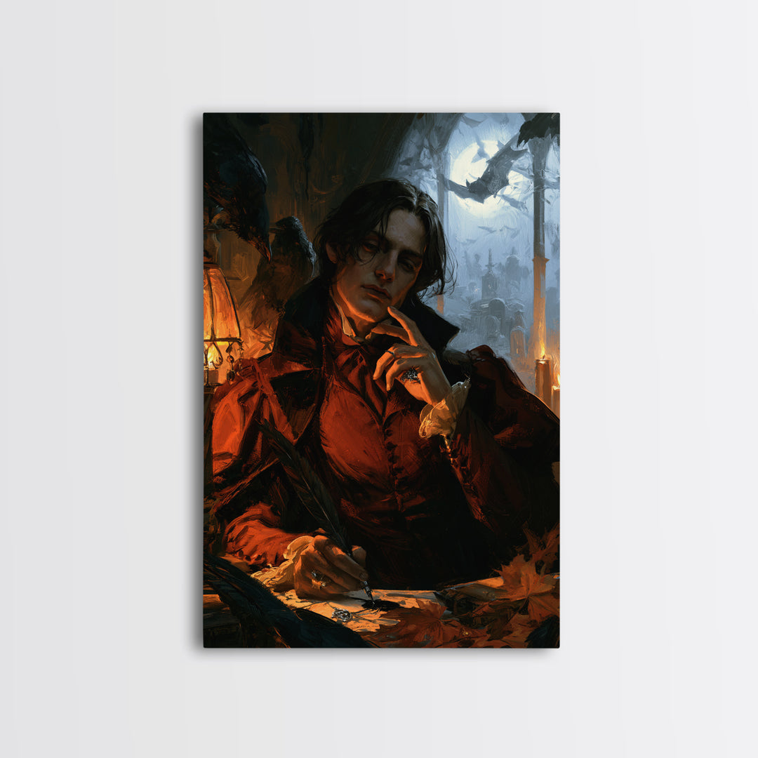 The Raven-Feather Quill, Dark Academia Wall Art, Vertical Wall Art, Canvas Print, Gothic Wall Decor, Halloween Portrait Art, Horror Wall Art