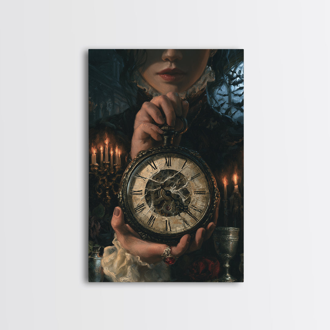 The Cursed Pocket Watch, Victorian Horror Portrait, Vertical Wall Art, Framed Canvas Print, Gothic Wall Decor, Halloween Portrait Art