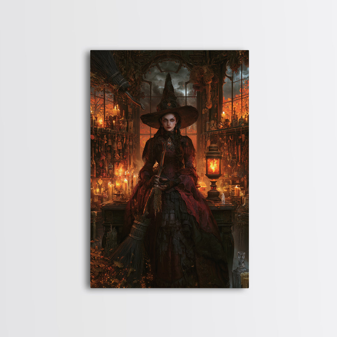 The Witch'S Broom, Dark Academia Wall Art, Vertical Wall Art, Framed Canvas Print, Gothic Wall Decor, Halloween Portrait Art