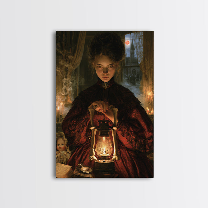 The Bone-Handled Lantern, Antique Gothic Portrait, Vertical Wall Art, Canvas Print, Gothic Wall Decor, Halloween Portrait Art