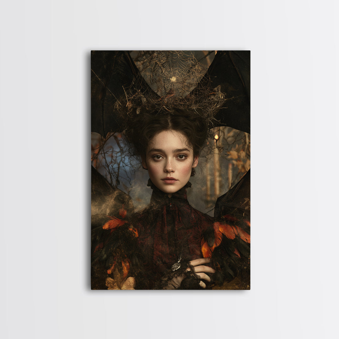 The Spiderweb Crown, Antique Gothic Portrait, Vertical Wall Art, Canvas Print, Gothic Wall Decor, Halloween Portrait Art, Macabre Wall Art