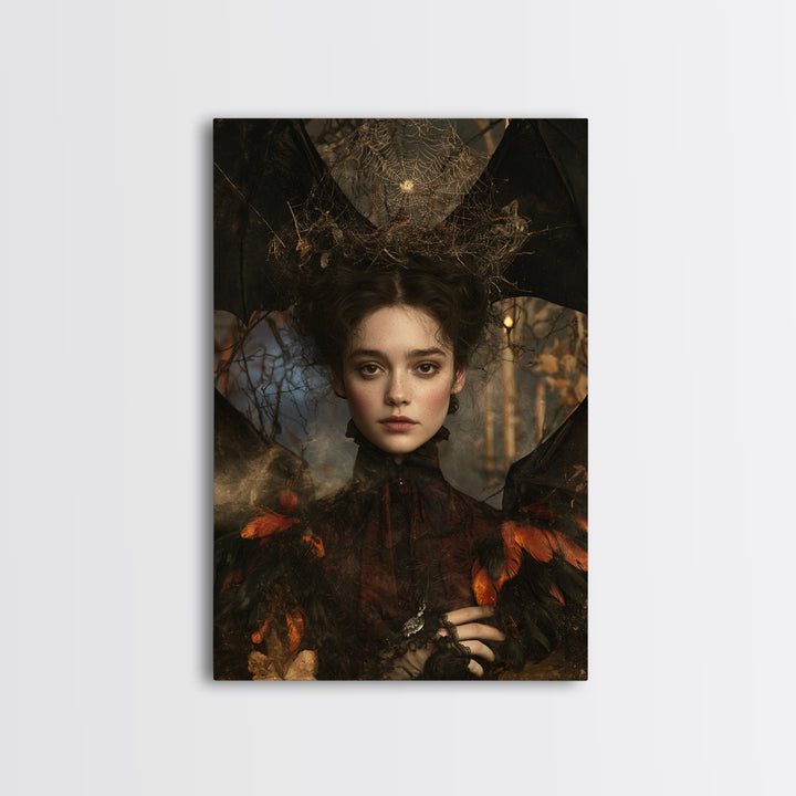 The Spiderweb Crown, Antique Gothic Portrait, Vertical Wall Art, Canvas Print, Gothic Wall Decor, Halloween Portrait Art, Macabre Wall Art