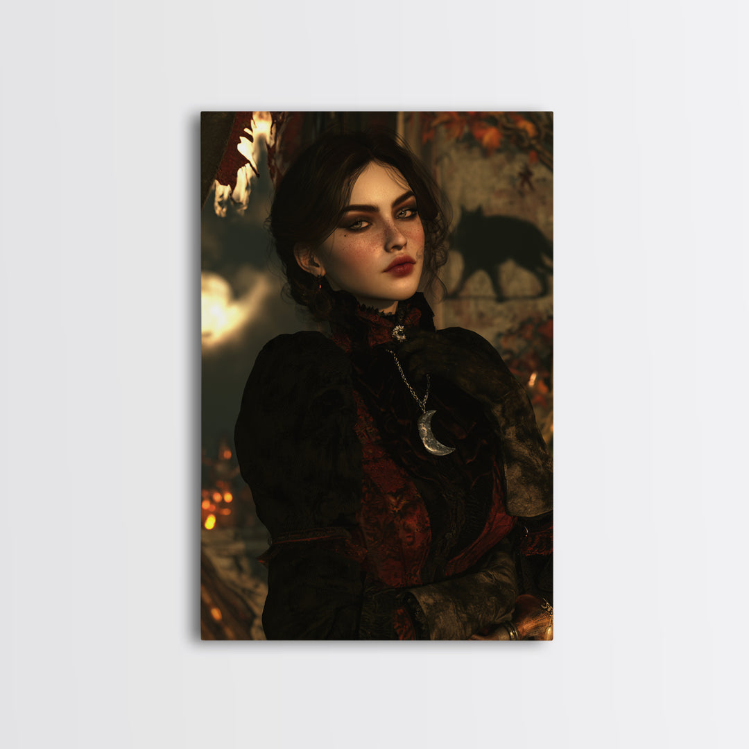 The Moonstone Amulet, Victorian Horror Portrait, Vertical Wall Art, Framed Canvas Print, Gothic Wall Decor, Halloween Portrait Art