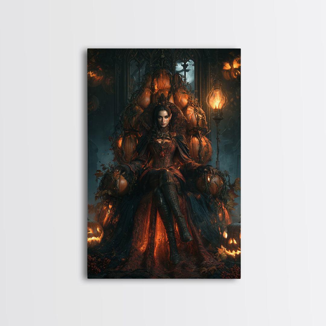 The Jack-O'-Lantern Throne, Victorian Horror Portrait, Vertical Wall Art, Framed Canvas Print, Gothic Wall Decor, Halloween Portrait Art