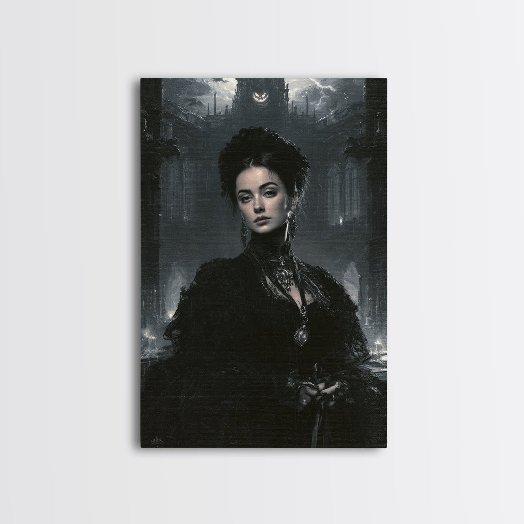 Monochrome Gothic Halloween, Macabre Victorian Decor, Vertical Wall Art, Canvas Print, Gothic Wall Decor, Halloween Portrait Art
