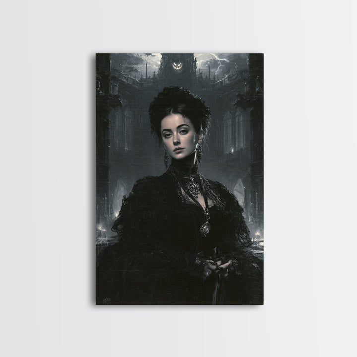 Monochrome Gothic Halloween, Macabre Victorian Decor, Vertical Wall Art, Canvas Print, Gothic Wall Decor, Halloween Portrait Art